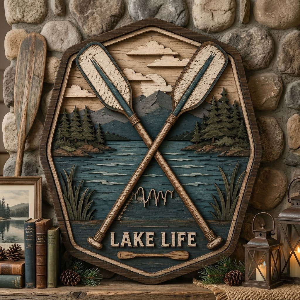 Lake Life 3 Layer Wooden Sign, Crossed Oars Wall Art, Layered Wood Decor, Not 3D Printed, Rustic Lake House Sign, Cabin Boat Decor, Gift for Lake Lovers
