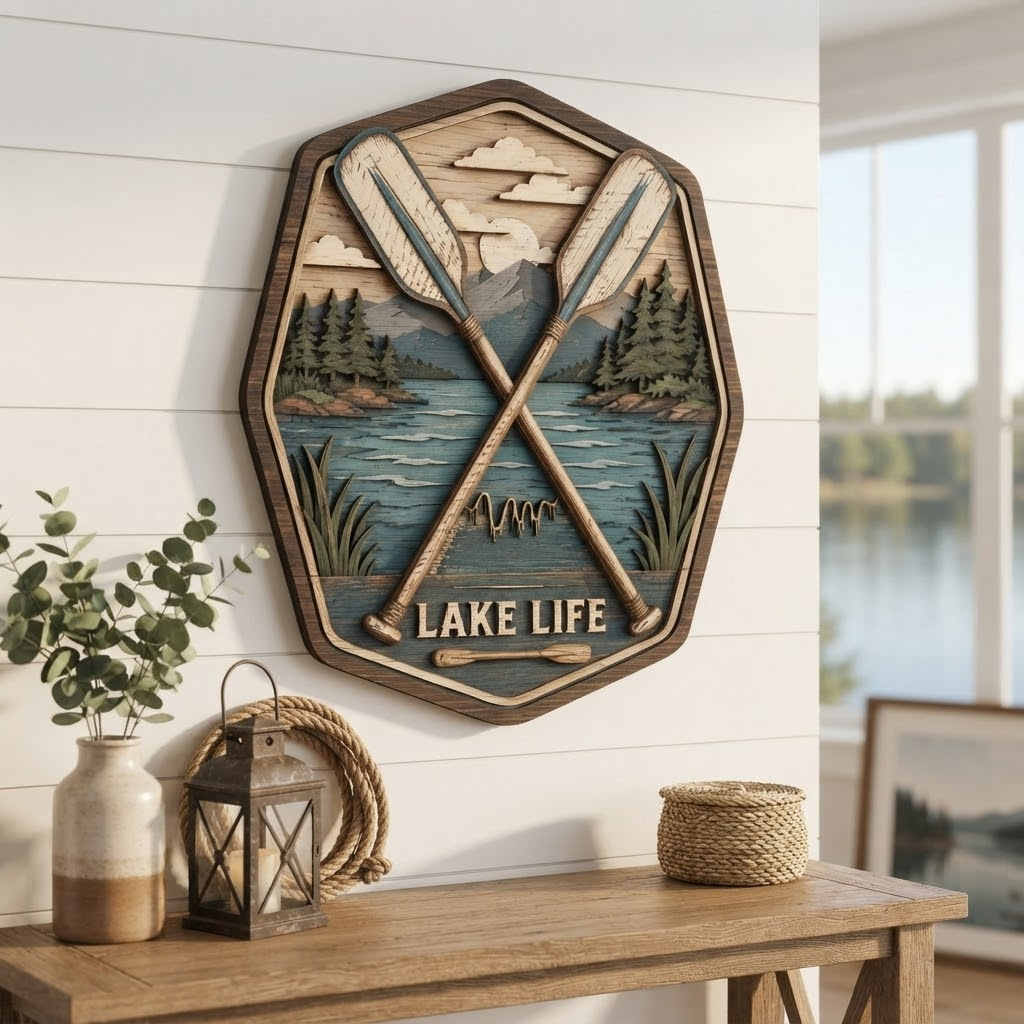 Lake Life 3 Layer Wooden Sign, Crossed Oars Wall Art, Layered Wood Decor, Not 3D Printed, Rustic Lake House Sign, Cabin Boat Decor, Gift for Lake Lovers