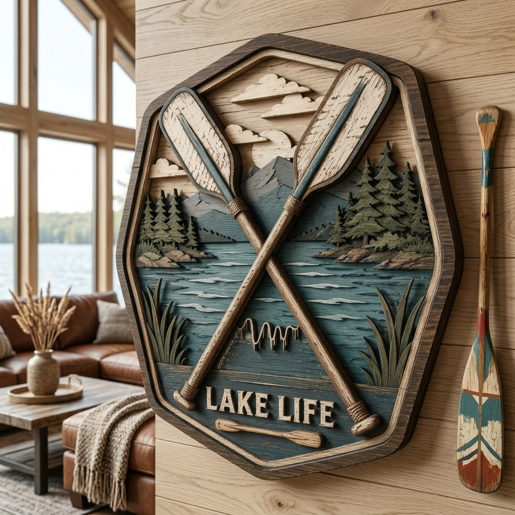 Lake Life 3 Layer Wooden Sign, Crossed Oars Wall Art, Layered Wood Decor, Not 3D Printed, Rustic Lake House Sign, Cabin Boat Decor, Gift for Lake Lovers