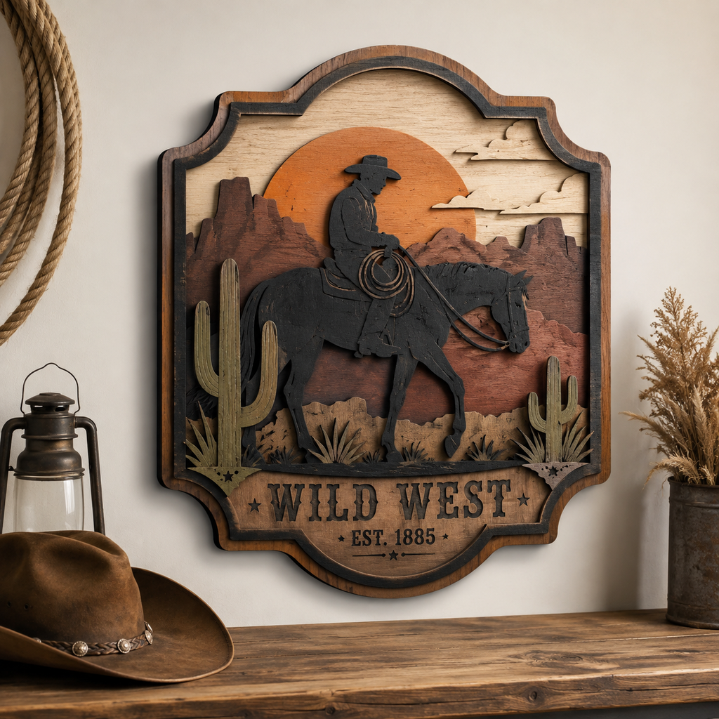 Wild West Cowboy 3 Layer Wooden Sign, Sunset Desert Wall Art, Layered Wood Decor, Not 3D Printed, Western Home Decor, Cowboy Horse Sign, Rustic Ranch Gift