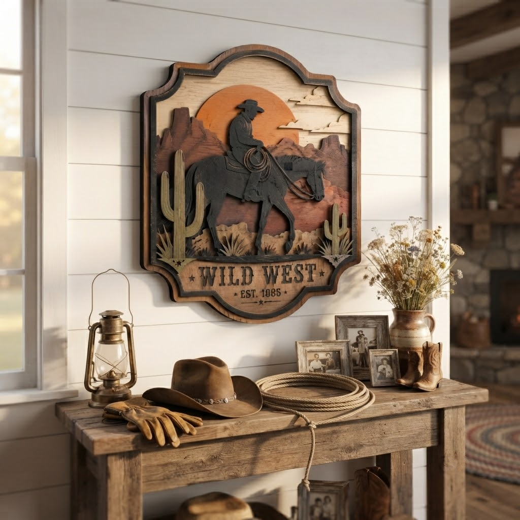 Wild West Cowboy 3 Layer Wooden Sign, Sunset Desert Wall Art, Layered Wood Decor, Not 3D Printed, Western Home Decor, Cowboy Horse Sign, Rustic Ranch Gift