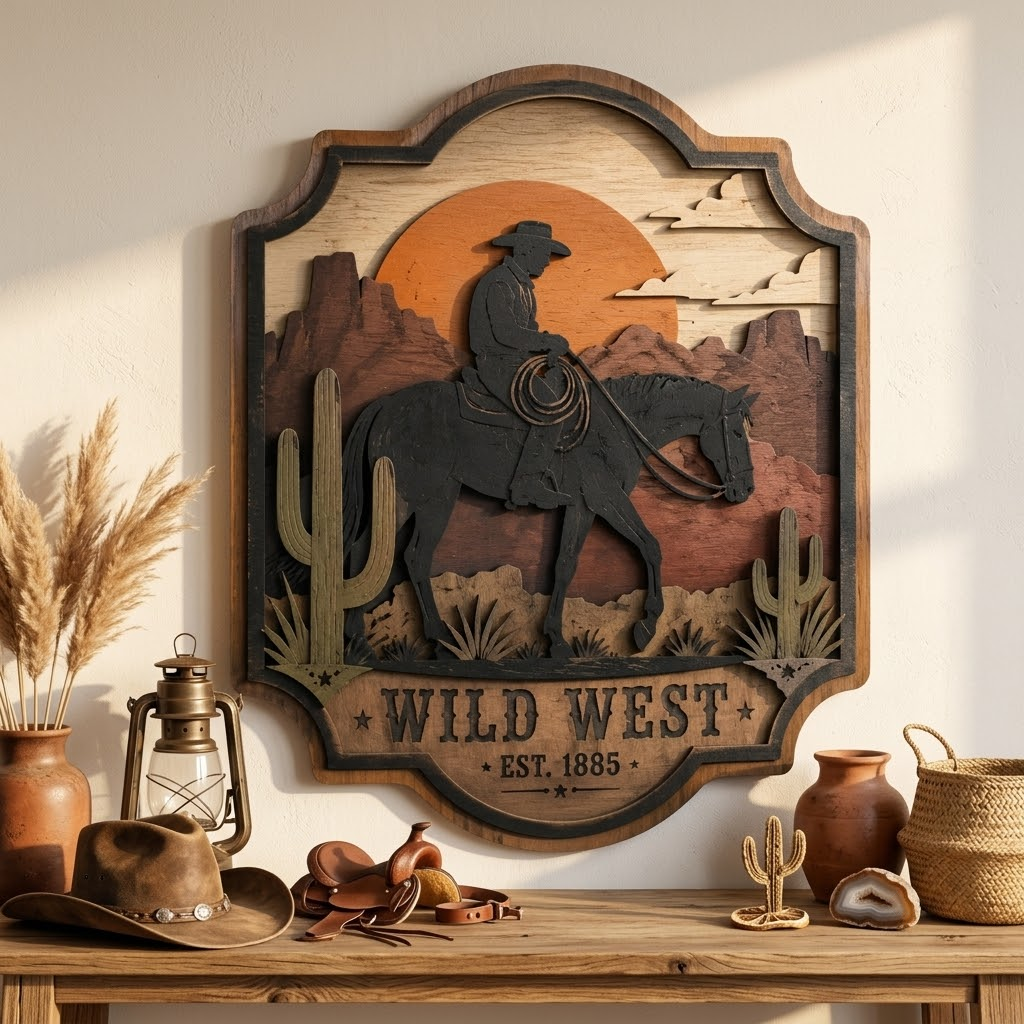 Wild West Cowboy 3 Layer Wooden Sign, Sunset Desert Wall Art, Layered Wood Decor, Not 3D Printed, Western Home Decor, Cowboy Horse Sign, Rustic Ranch Gift