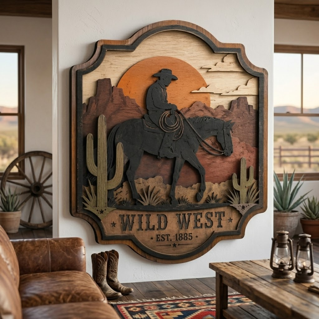 Wild West Cowboy 3 Layer Wooden Sign, Sunset Desert Wall Art, Layered Wood Decor, Not 3D Printed, Western Home Decor, Cowboy Horse Sign, Rustic Ranch Gift
