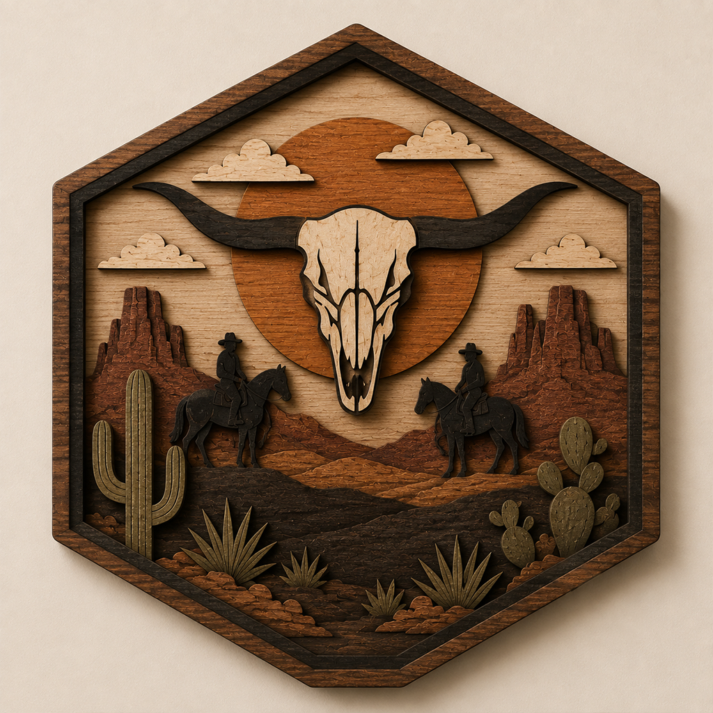 Bull Skull Desert 3 Layer Wooden Sign, Western Cowboys Wall Art, Layered Wood Decor, Not 3D Printed, Rustic Ranch Hex Sign, Southwestern Decor, Cowboy Gift