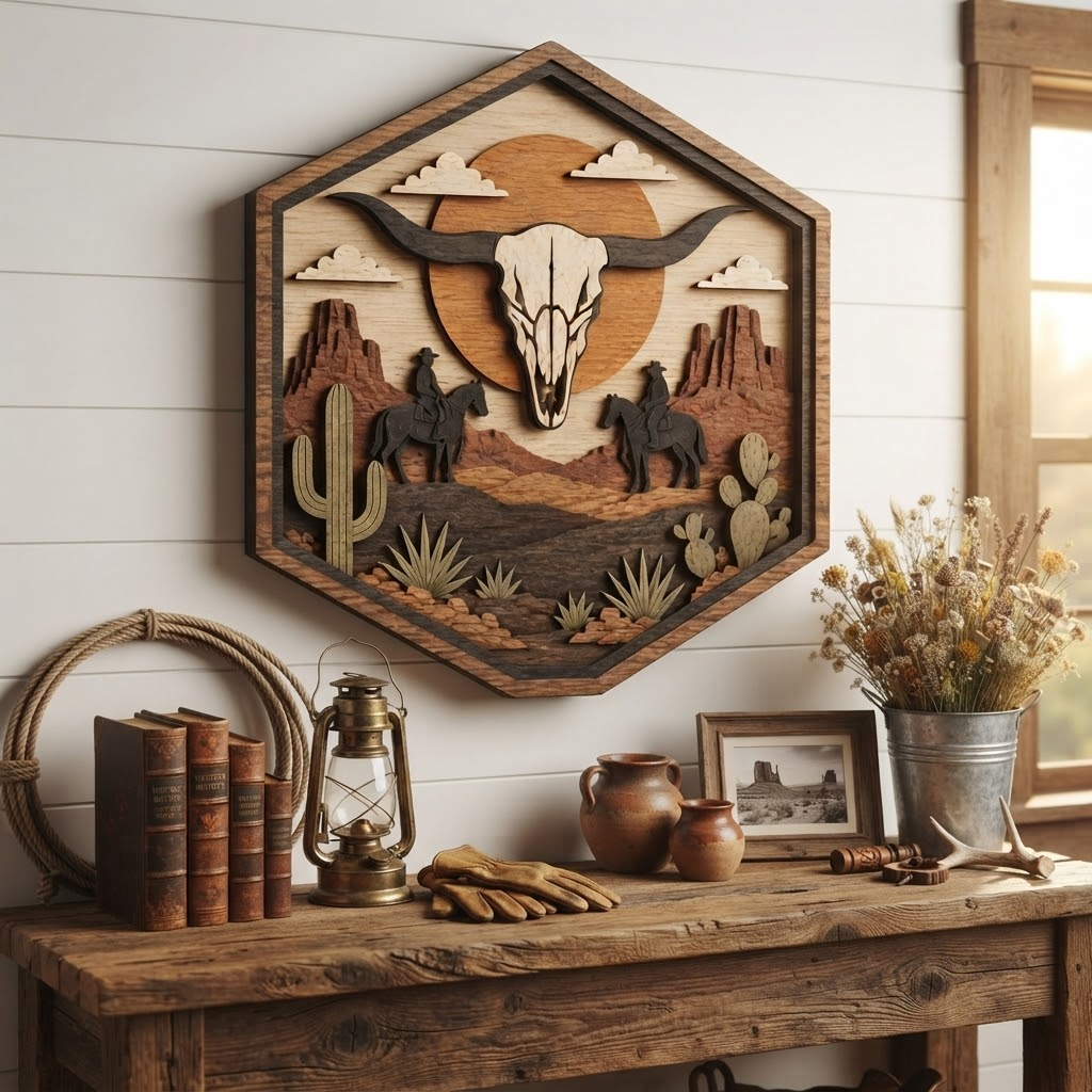Bull Skull Desert 3 Layer Wooden Sign, Western Cowboys Wall Art, Layered Wood Decor, Not 3D Printed, Rustic Ranch Hex Sign, Southwestern Decor, Cowboy Gift