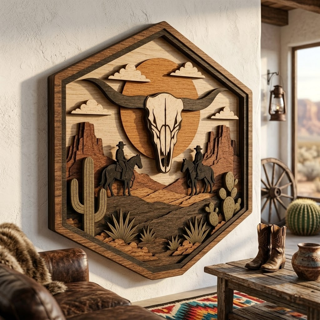 Bull Skull Desert 3 Layer Wooden Sign, Western Cowboys Wall Art, Layered Wood Decor, Not 3D Printed, Rustic Ranch Hex Sign, Southwestern Decor, Cowboy Gift