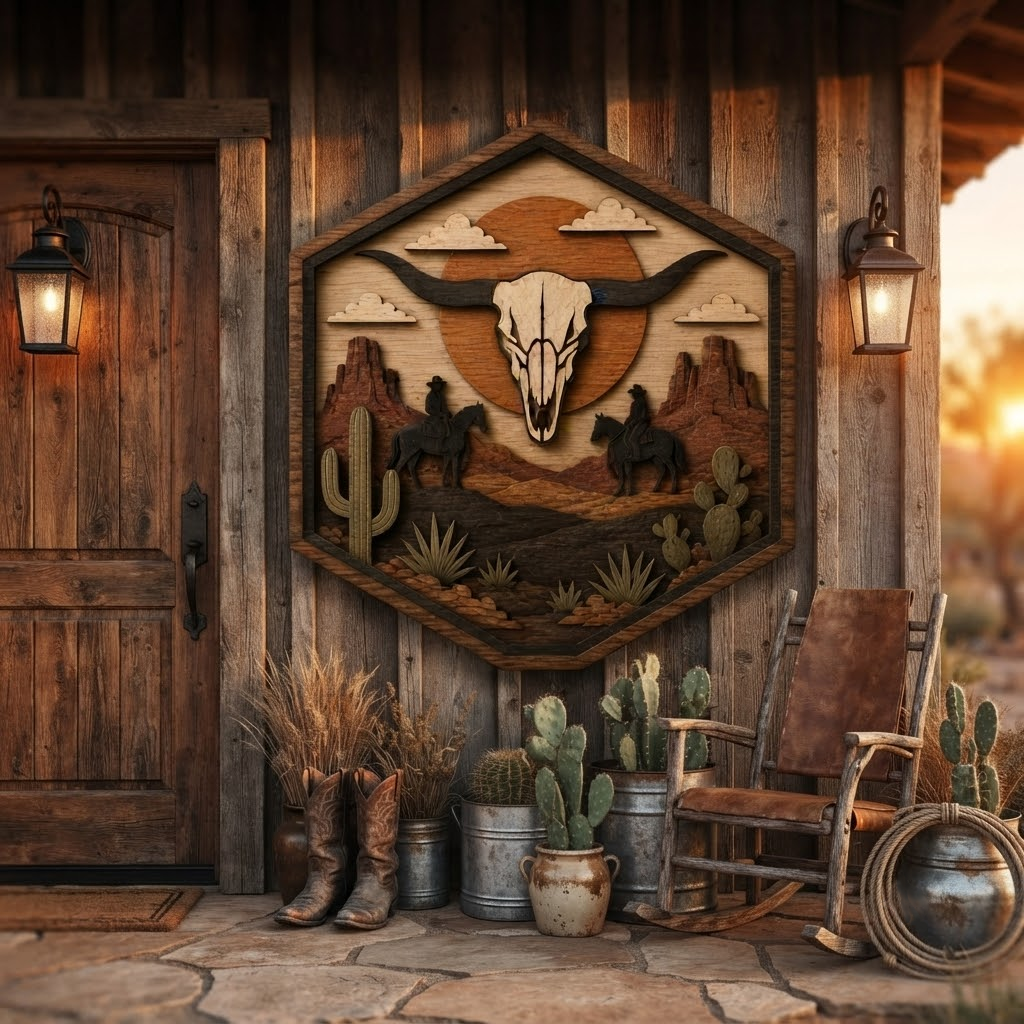Bull Skull Desert 3 Layer Wooden Sign, Western Cowboys Wall Art, Layered Wood Decor, Not 3D Printed, Rustic Ranch Hex Sign, Southwestern Decor, Cowboy Gift