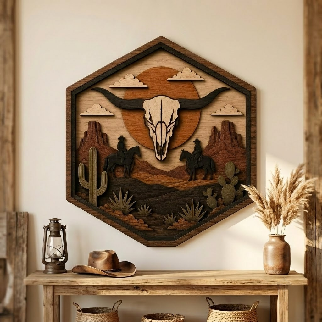 Bull Skull Desert 3 Layer Wooden Sign, Western Cowboys Wall Art, Layered Wood Decor, Not 3D Printed, Rustic Ranch Hex Sign, Southwestern Decor, Cowboy Gift