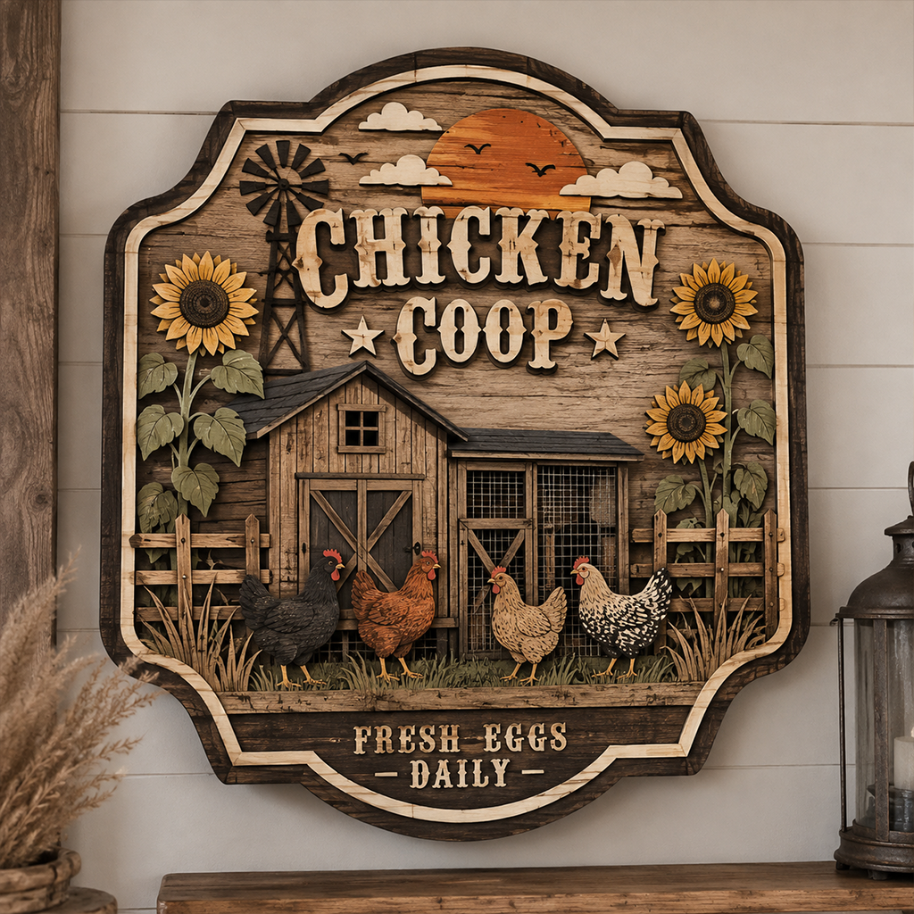 Chicken Coop Fresh Eggs Daily 3 Layer Wooden Sign, Farmhouse Wall Art, Layered Wood Decor, Not 3D Printed, Rustic Farm Sign, Country Kitchen Decor, Chicken Lover Gift