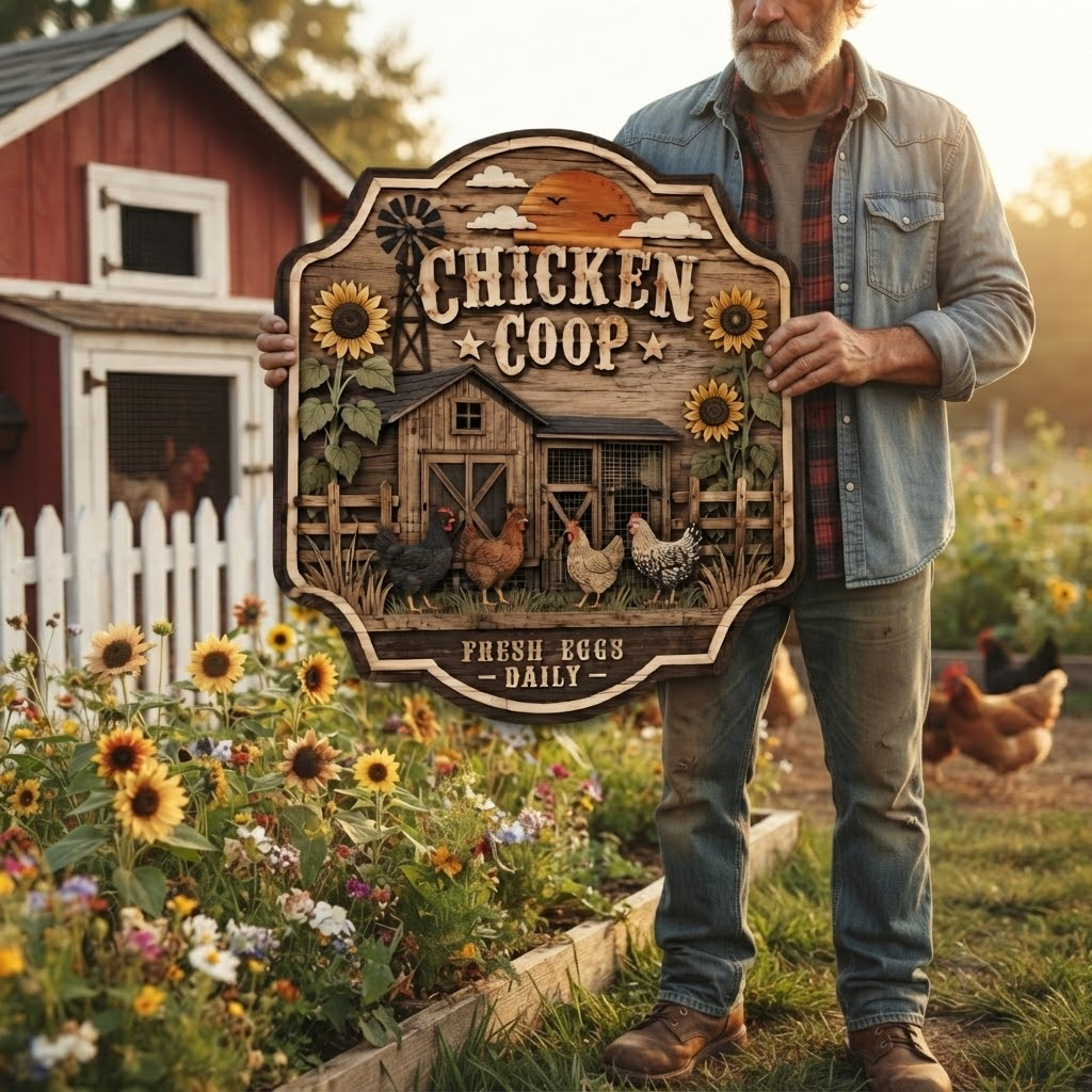 Chicken Coop Fresh Eggs Daily 3 Layer Wooden Sign, Farmhouse Wall Art, Layered Wood Decor, Not 3D Printed, Rustic Farm Sign, Country Kitchen Decor, Chicken Lover Gift