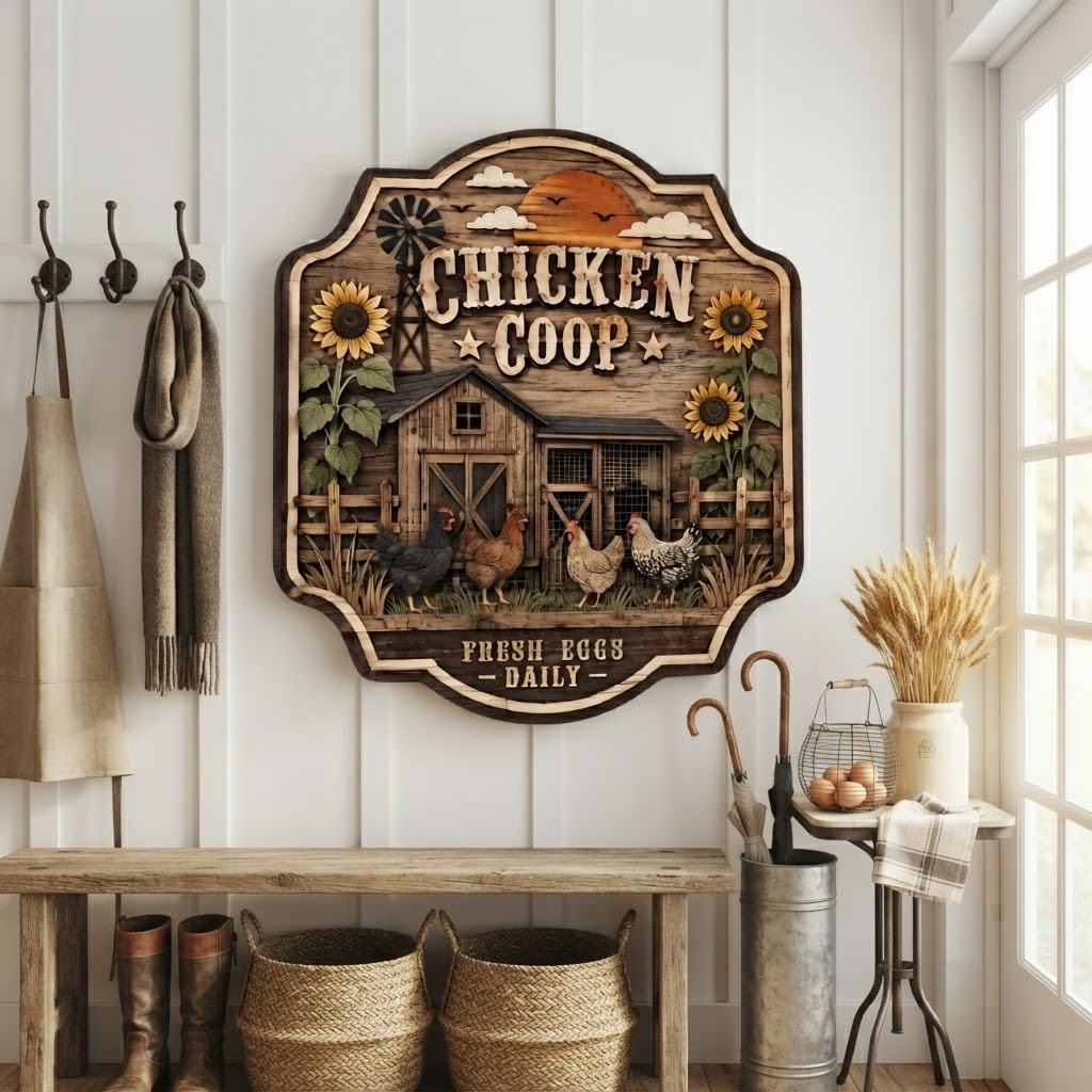 Chicken Coop Fresh Eggs Daily 3 Layer Wooden Sign, Farmhouse Wall Art, Layered Wood Decor, Not 3D Printed, Rustic Farm Sign, Country Kitchen Decor, Chicken Lover Gift