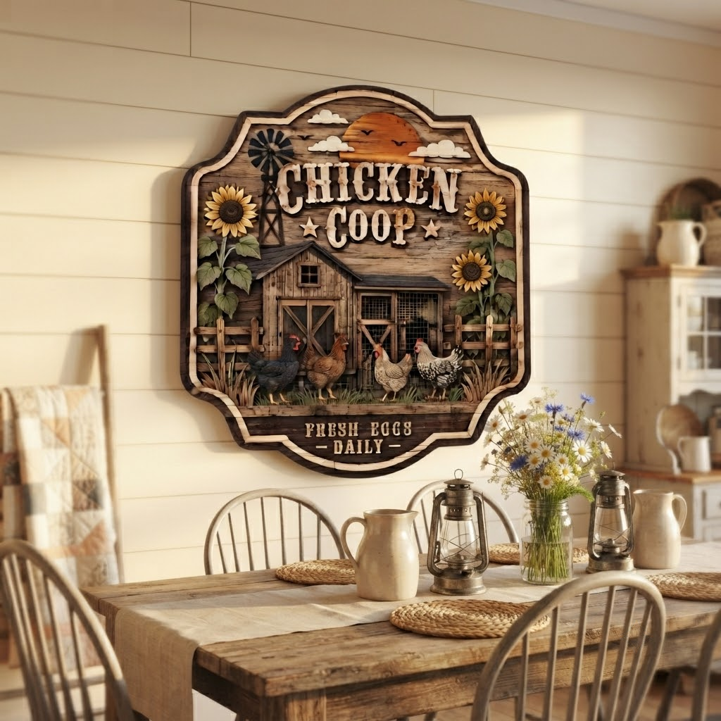 Chicken Coop Fresh Eggs Daily 3 Layer Wooden Sign, Farmhouse Wall Art, Layered Wood Decor, Not 3D Printed, Rustic Farm Sign, Country Kitchen Decor, Chicken Lover Gift