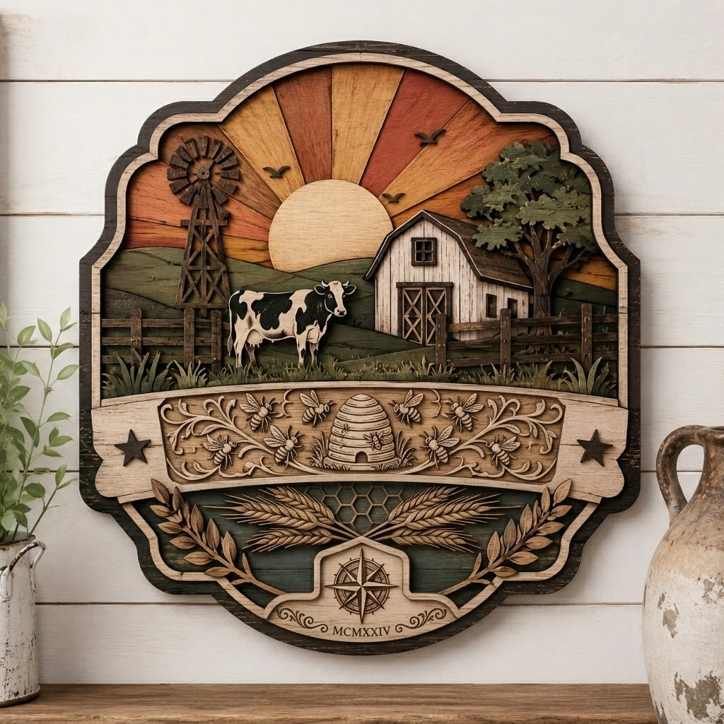 Farm Sunset Cow and Beehive 3 Layer Wooden Sign, Countryside Wall Art, Layered Wood Decor, Not 3D Printed, Rustic Farmhouse Sign, Homestead Decor, Country Gift