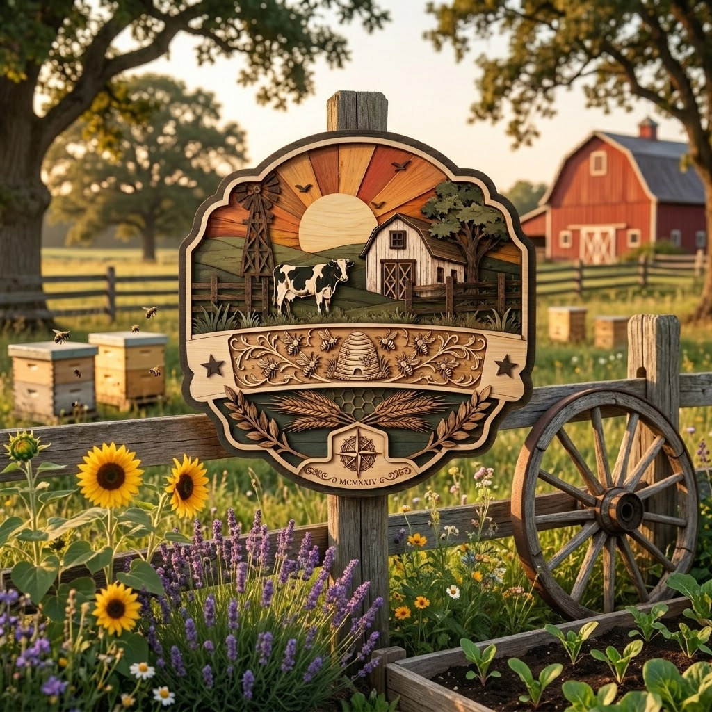 Farm Sunset Cow and Beehive 3 Layer Wooden Sign, Countryside Wall Art, Layered Wood Decor, Not 3D Printed, Rustic Farmhouse Sign, Homestead Decor, Country Gift