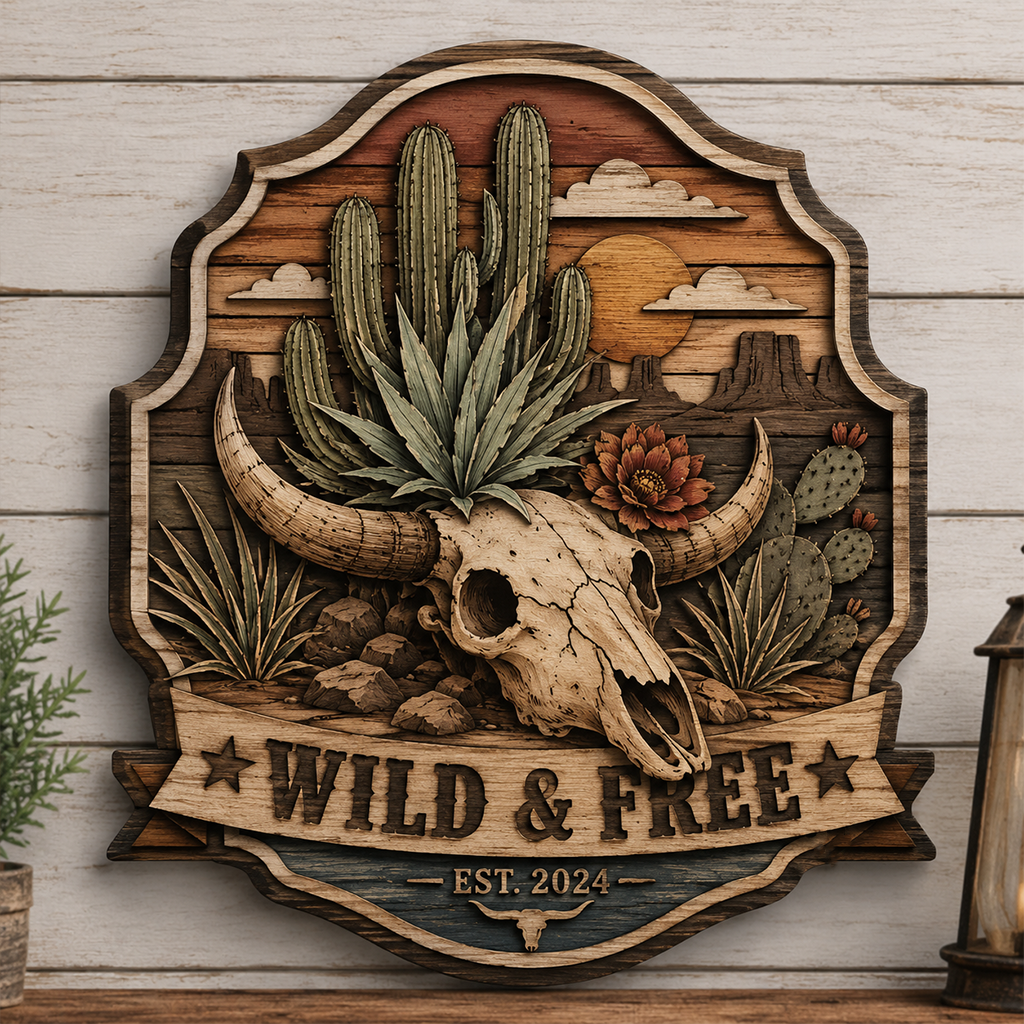 Wild and Free Bull Skull 3 Layer Wooden Sign, Cactus Desert Wall Art, Layered Wood Decor, Not 3D Printed, Southwestern Sign, Rustic Ranch Decor, Western Home Gift
