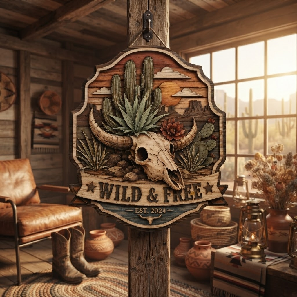 Wild and Free Bull Skull 3 Layer Wooden Sign, Cactus Desert Wall Art, Layered Wood Decor, Not 3D Printed, Southwestern Sign, Rustic Ranch Decor, Western Home Gift
