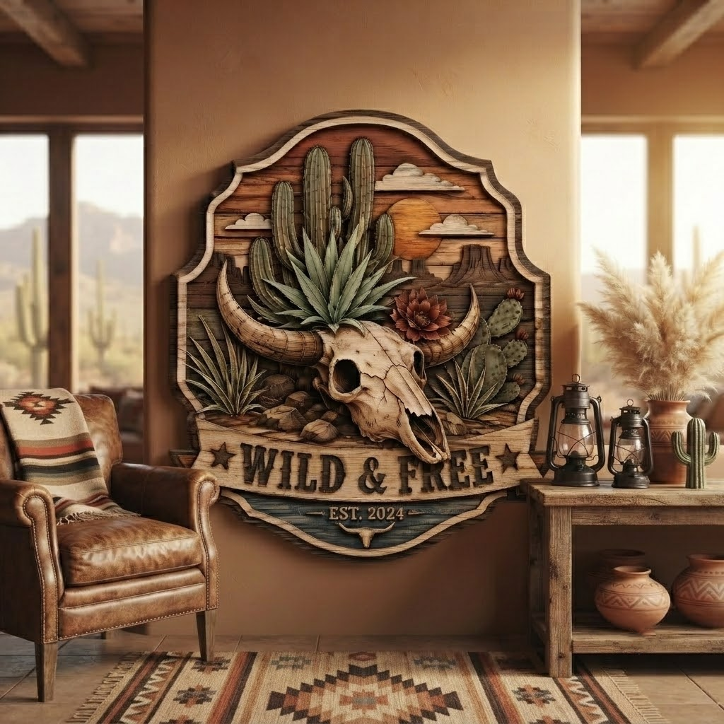 Wild and Free Bull Skull 3 Layer Wooden Sign, Cactus Desert Wall Art, Layered Wood Decor, Not 3D Printed, Southwestern Sign, Rustic Ranch Decor, Western Home Gift