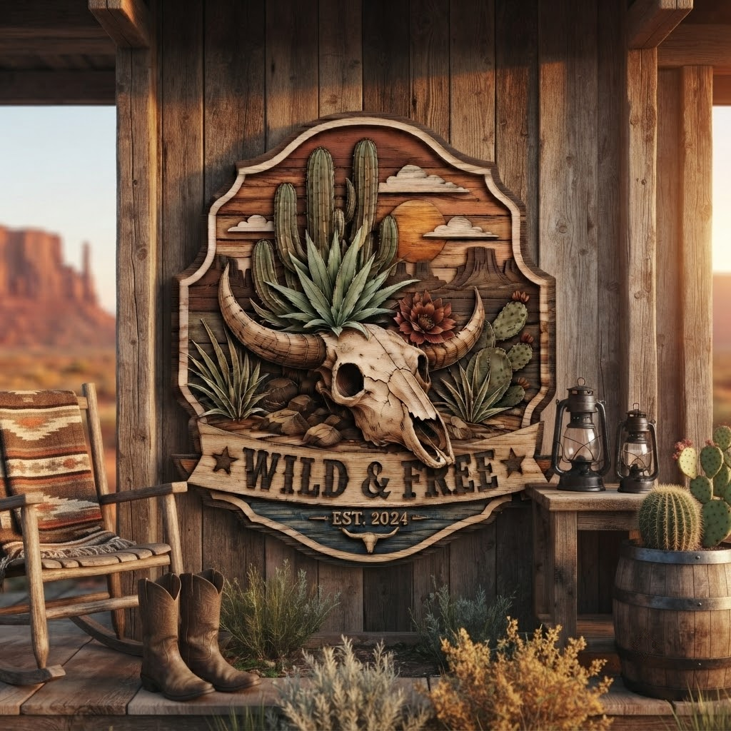 Wild and Free Bull Skull 3 Layer Wooden Sign, Cactus Desert Wall Art, Layered Wood Decor, Not 3D Printed, Southwestern Sign, Rustic Ranch Decor, Western Home Gift