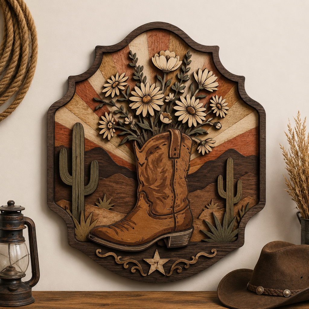Cowboy Boot Floral 3 Layer Wooden Sign, Cactus Sunset Wall Art, Layered Wood Decor, Not 3D Printed, Western Home Decor, Country Cowgirl Sign, Rustic Ranch Gift