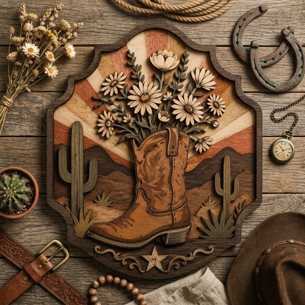 Cowboy Boot Floral 3 Layer Wooden Sign, Cactus Sunset Wall Art, Layered Wood Decor, Not 3D Printed, Western Home Decor, Country Cowgirl Sign, Rustic Ranch Gift