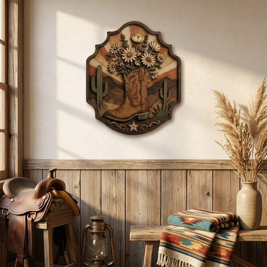 Cowboy Boot Floral 3 Layer Wooden Sign, Cactus Sunset Wall Art, Layered Wood Decor, Not 3D Printed, Western Home Decor, Country Cowgirl Sign, Rustic Ranch Gift