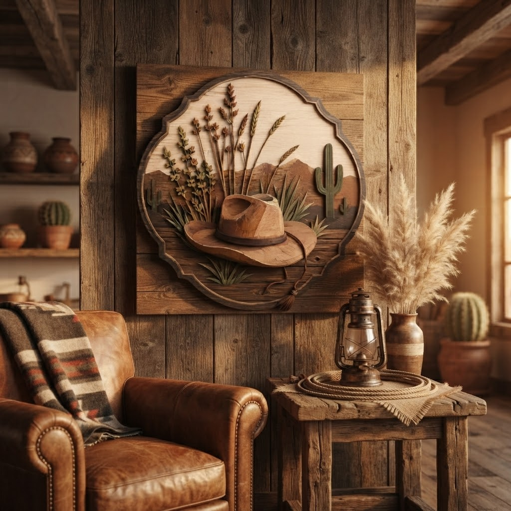 Cowboy Hat Desert Wheat 3 Layer Wooden Sign, Rustic Ranch Wall Art, Layered Wood Decor, Not 3D Printed, Western Home Decor, Country Wilderness Sign, Rancher Gift