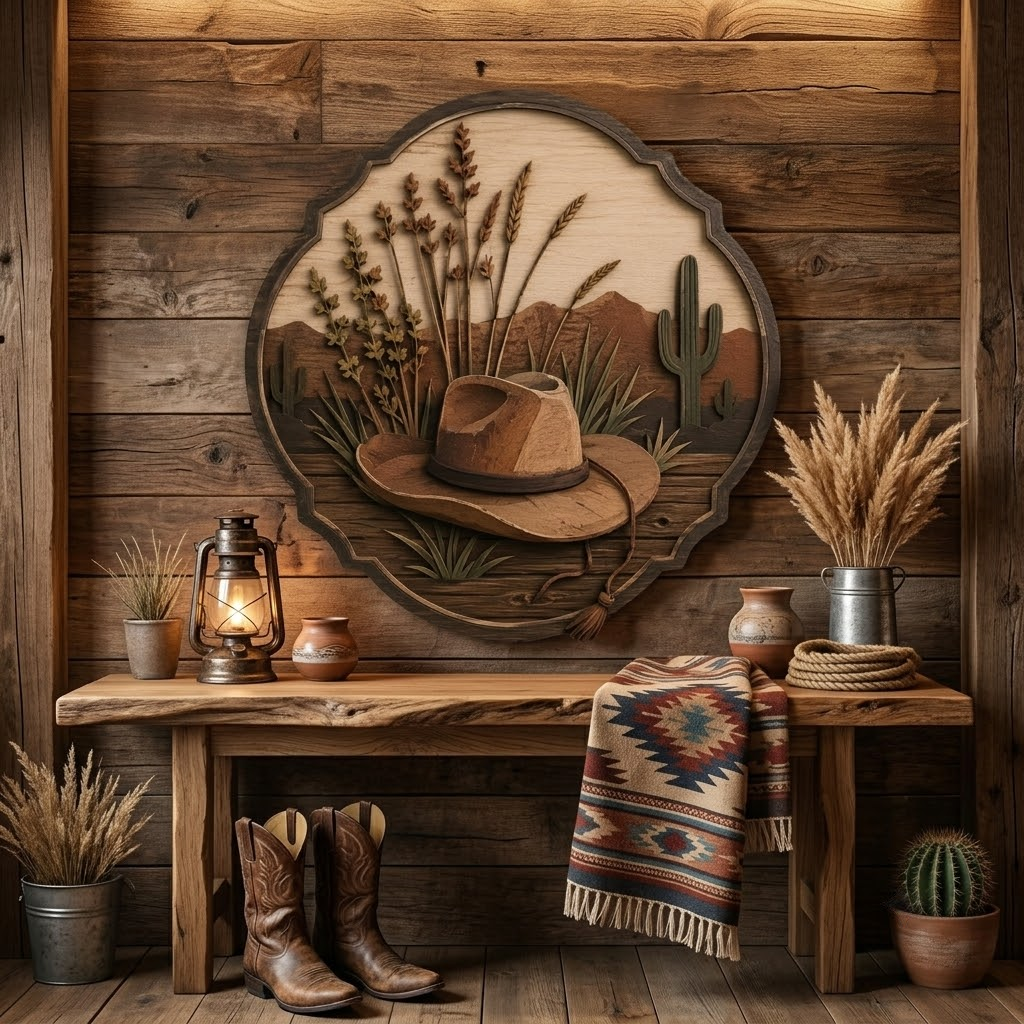 Cowboy Hat Desert Wheat 3 Layer Wooden Sign, Rustic Ranch Wall Art, Layered Wood Decor, Not 3D Printed, Western Home Decor, Country Wilderness Sign, Rancher Gift