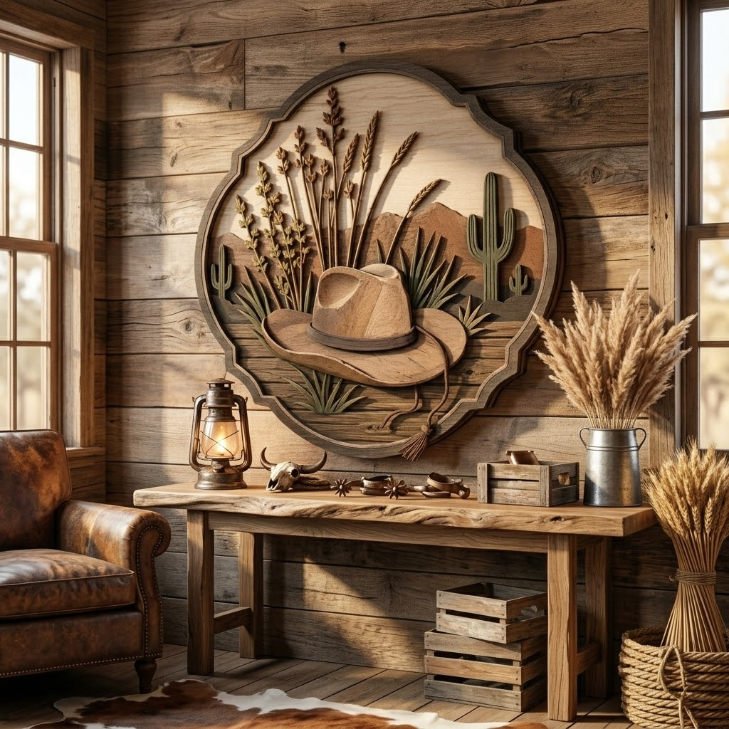 Cowboy Hat Desert Wheat 3 Layer Wooden Sign, Rustic Ranch Wall Art, Layered Wood Decor, Not 3D Printed, Western Home Decor, Country Wilderness Sign, Rancher Gift