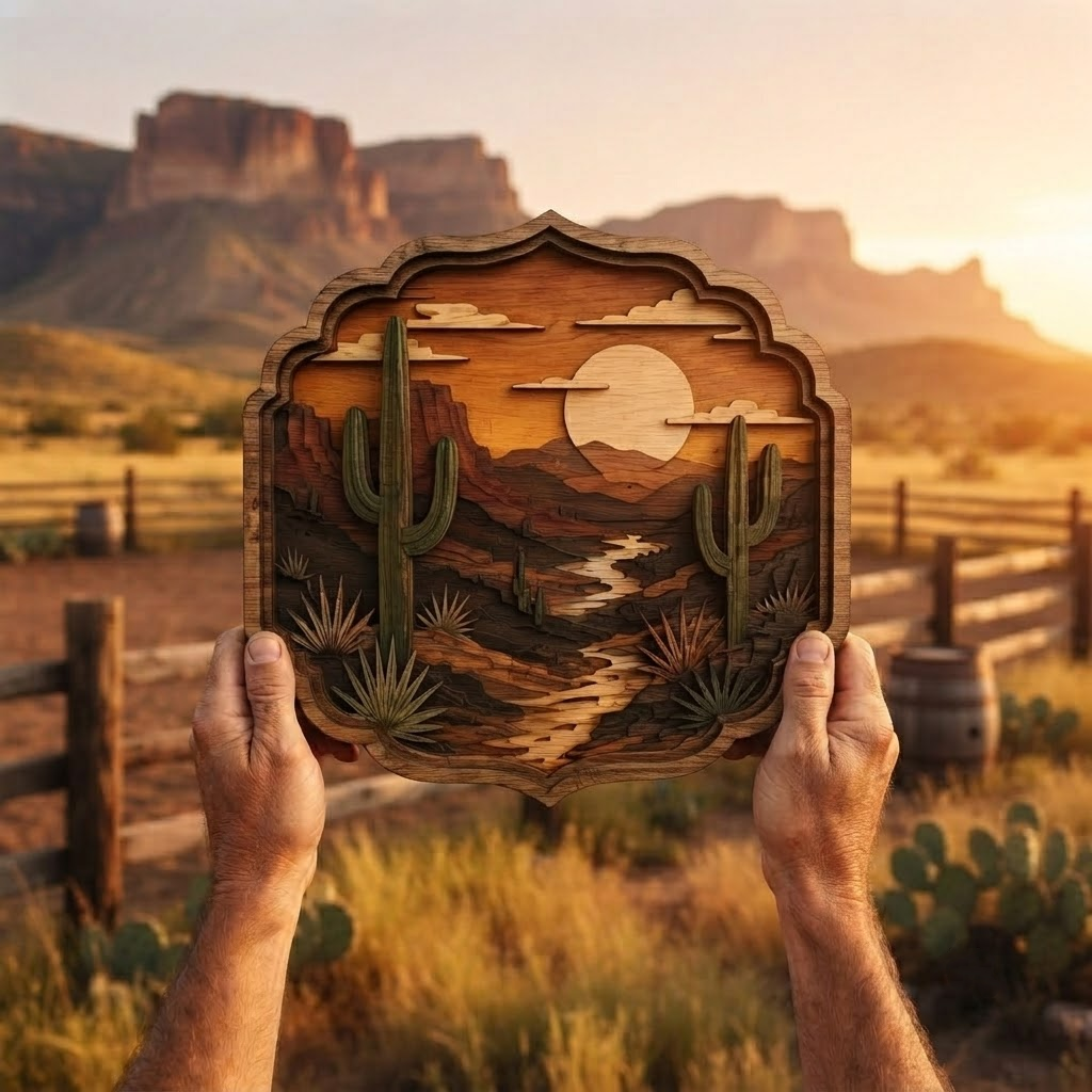 Desert Sunset Saguaro Cactus 3 Layer Wooden Sign, Southwestern Wall Art, Layered Wood Decor, Not 3D Printed, Rustic Western Home Sign, Canyon Landscape Decor, Desert Gift