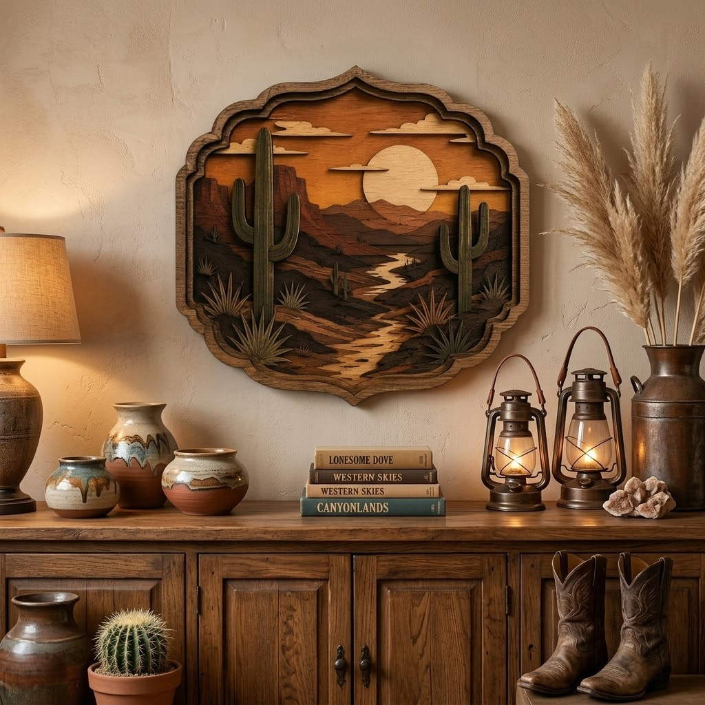 Desert Sunset Saguaro Cactus 3 Layer Wooden Sign, Southwestern Wall Art, Layered Wood Decor, Not 3D Printed, Rustic Western Home Sign, Canyon Landscape Decor, Desert Gift