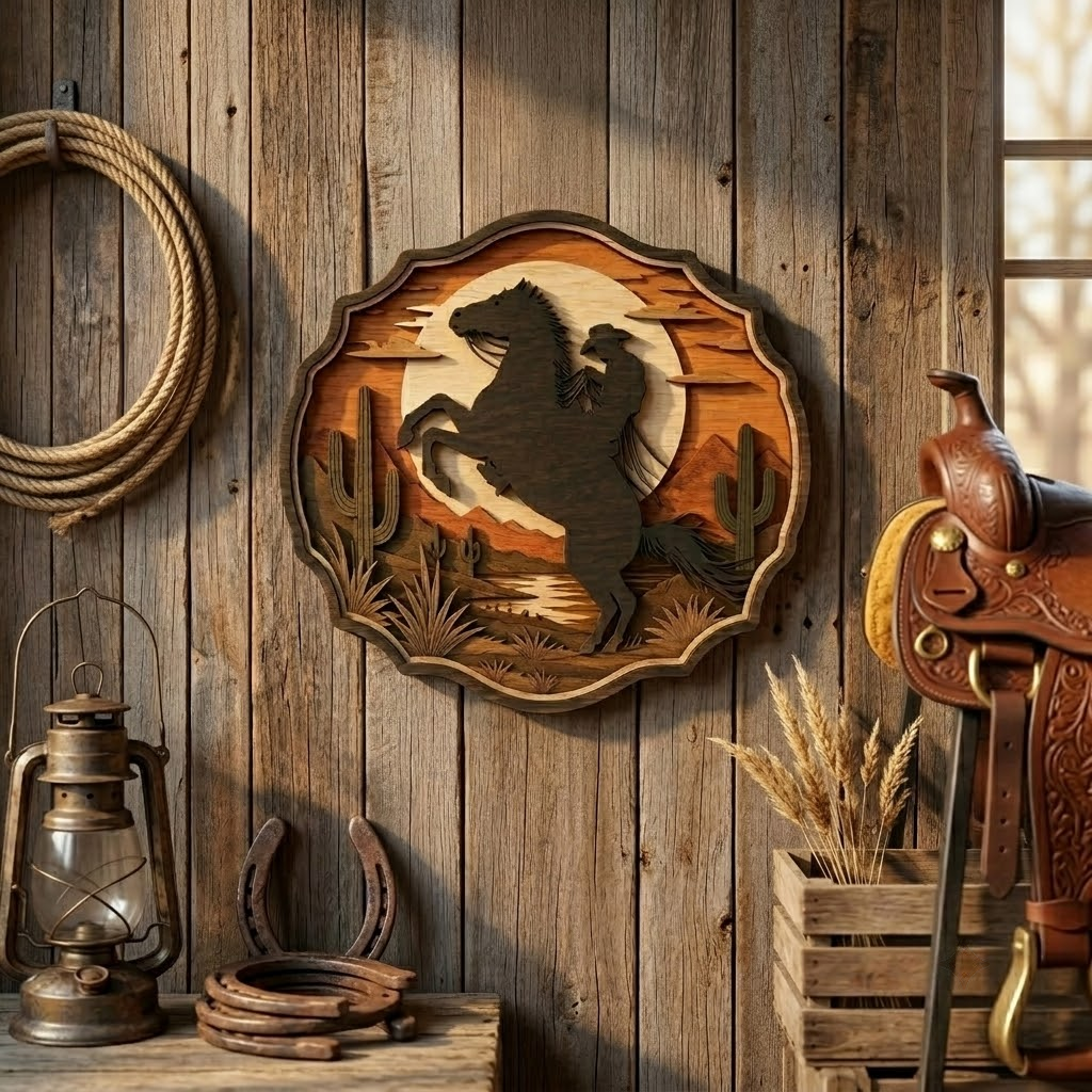 Rearing Horse Sunset 3 Layer Wooden Sign, Wild West Wall Art, Layered Wood Decor, Not 3D Printed, Cowboy Ranch Sign, Rustic Western Decor, Horse Lover Gift