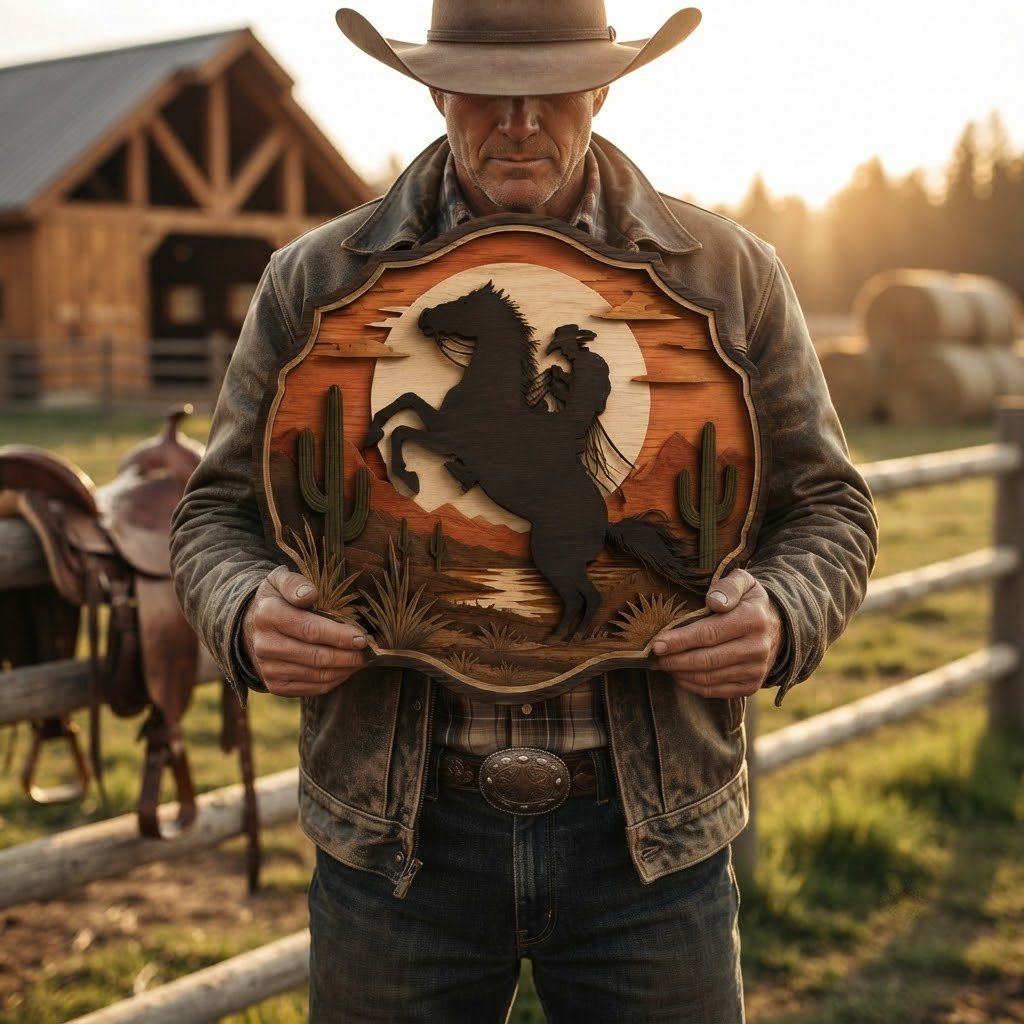 Rearing Horse Sunset 3 Layer Wooden Sign, Wild West Wall Art, Layered Wood Decor, Not 3D Printed, Cowboy Ranch Sign, Rustic Western Decor, Horse Lover Gift