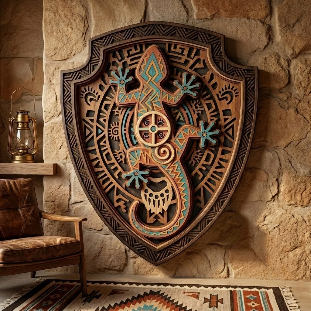Southwestern Gecko 3 Layer Wooden Sign, Tribal Shield Wall Art, Layered Wood Decor, Not 3D Printed, Boho Aztec Home Sign, Native American Style Decor, Gift