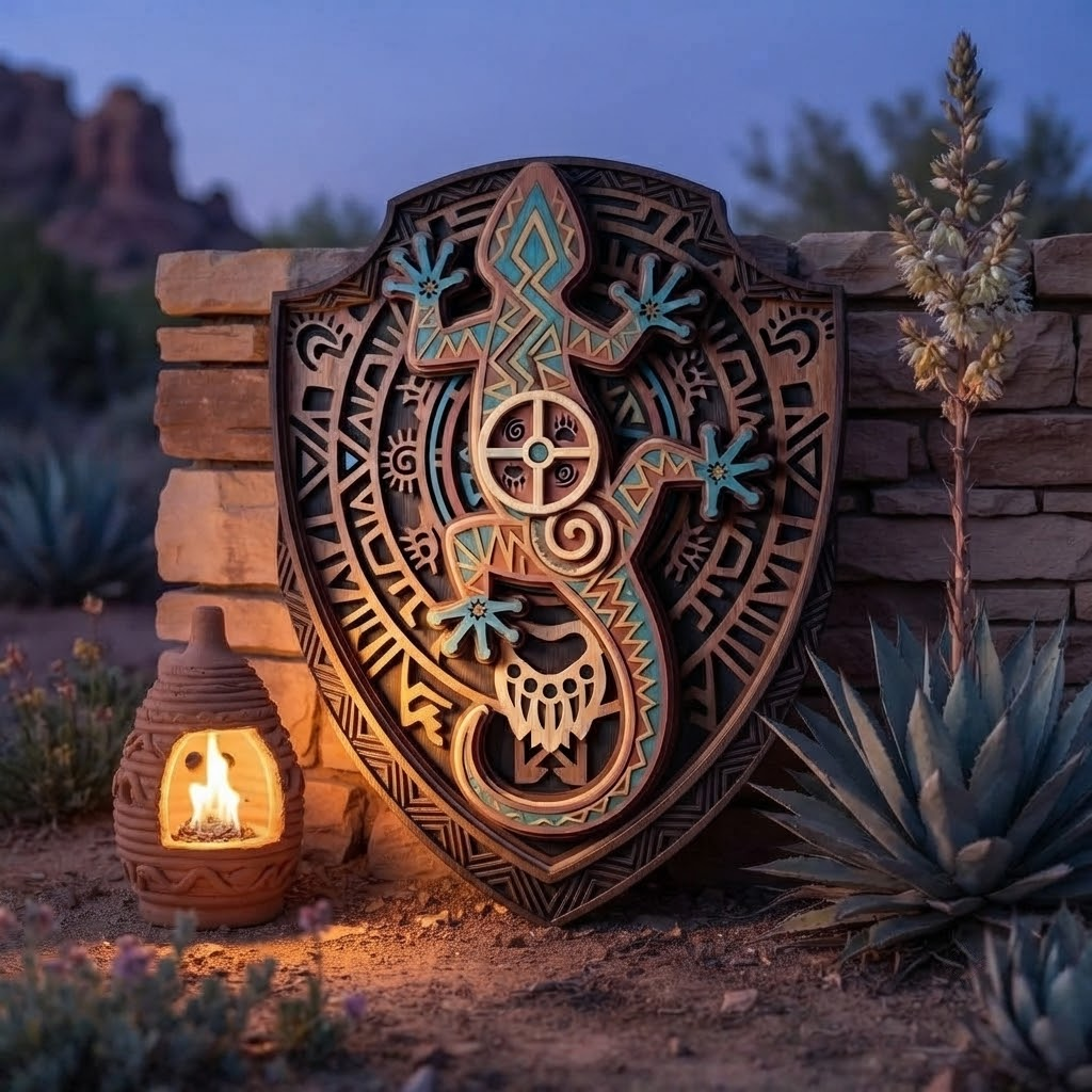 Southwestern Gecko 3 Layer Wooden Sign, Tribal Shield Wall Art, Layered Wood Decor, Not 3D Printed, Boho Aztec Home Sign, Native American Style Decor, Gift
