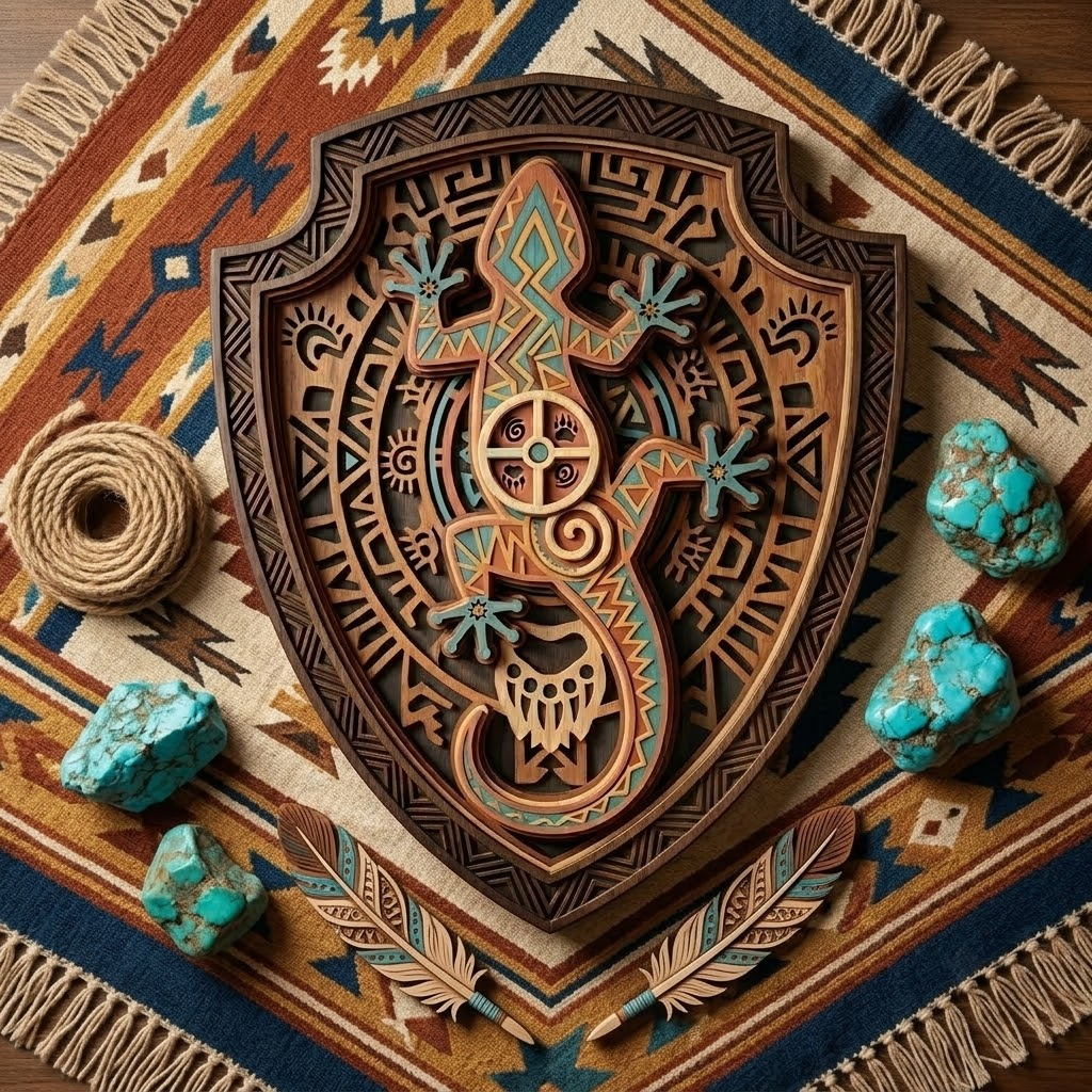 Southwestern Gecko 3 Layer Wooden Sign, Tribal Shield Wall Art, Layered Wood Decor, Not 3D Printed, Boho Aztec Home Sign, Native American Style Decor, Gift