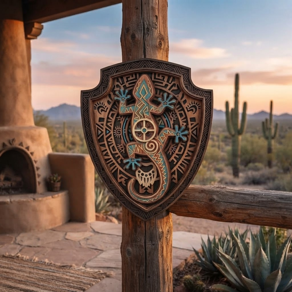 Southwestern Gecko 3 Layer Wooden Sign, Tribal Shield Wall Art, Layered Wood Decor, Not 3D Printed, Boho Aztec Home Sign, Native American Style Decor, Gift