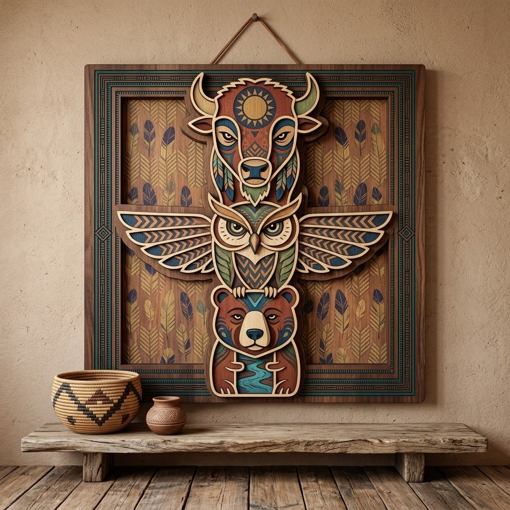 Tribal Totem Pole 3 Layer Wooden Sign, Buffalo Owl Bear Wall Art, Layered Wood Decor, Not 3D Printed, Southwestern Wildlife Sign, Native Style Decor, Gift