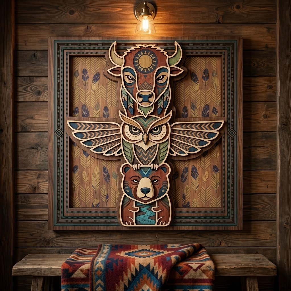 Tribal Totem Pole 3 Layer Wooden Sign, Buffalo Owl Bear Wall Art, Layered Wood Decor, Not 3D Printed, Southwestern Wildlife Sign, Native Style Decor, Gift