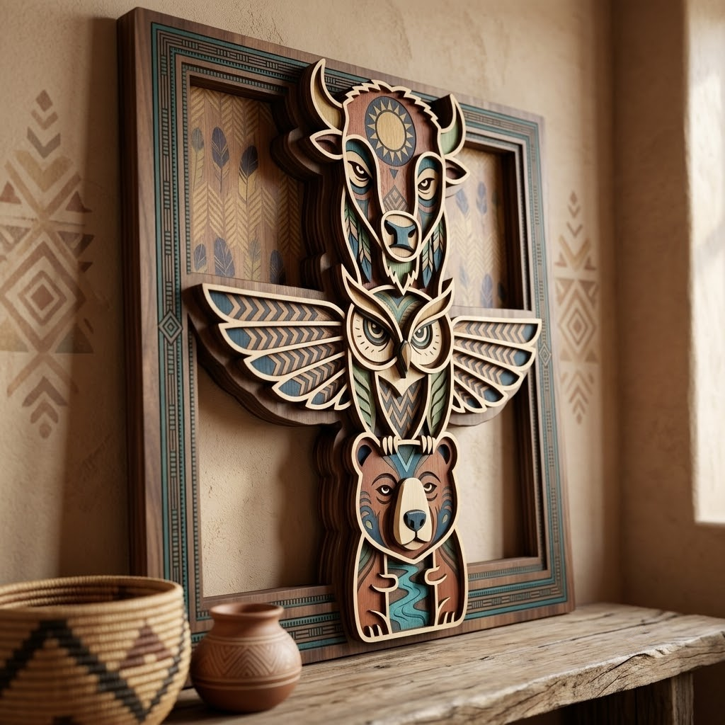 Tribal Totem Pole 3 Layer Wooden Sign, Buffalo Owl Bear Wall Art, Layered Wood Decor, Not 3D Printed, Southwestern Wildlife Sign, Native Style Decor, Gift