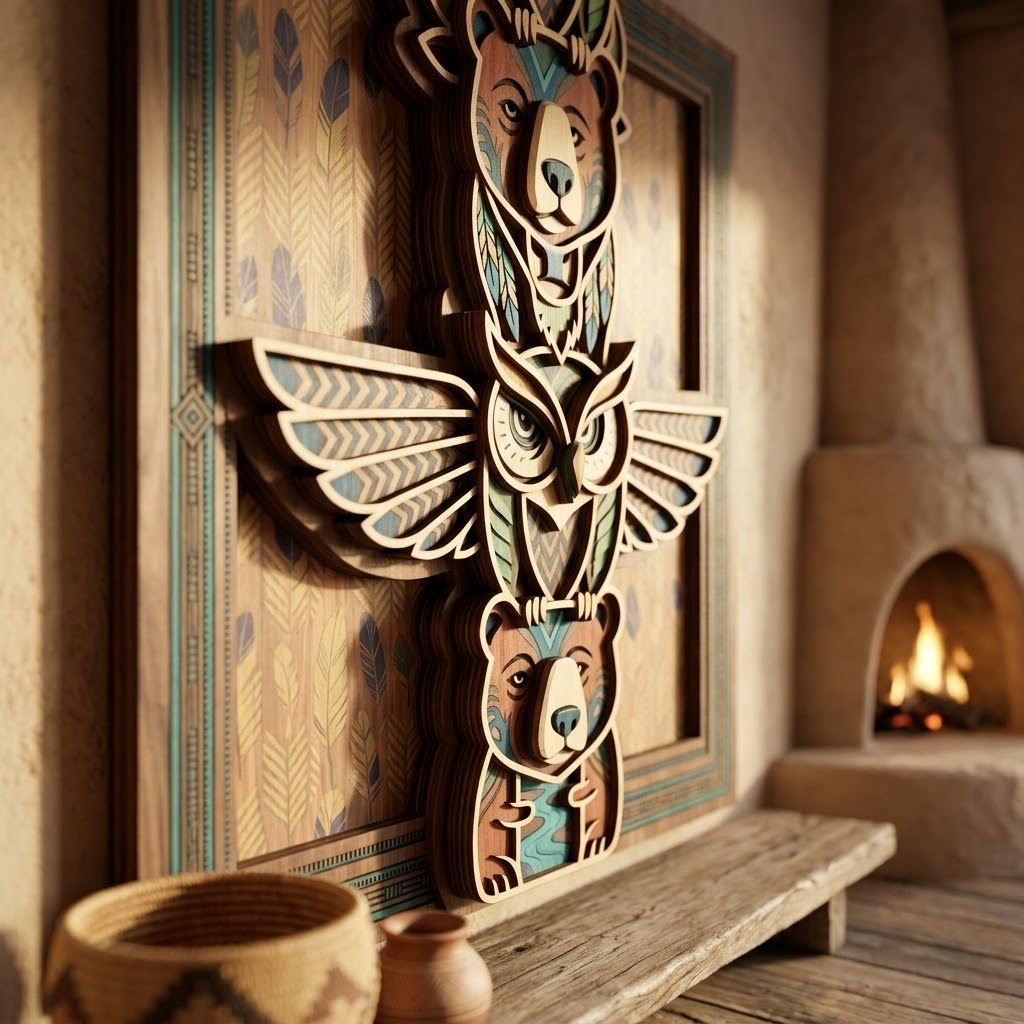 Tribal Totem Pole 3 Layer Wooden Sign, Buffalo Owl Bear Wall Art, Layered Wood Decor, Not 3D Printed, Southwestern Wildlife Sign, Native Style Decor, Gift