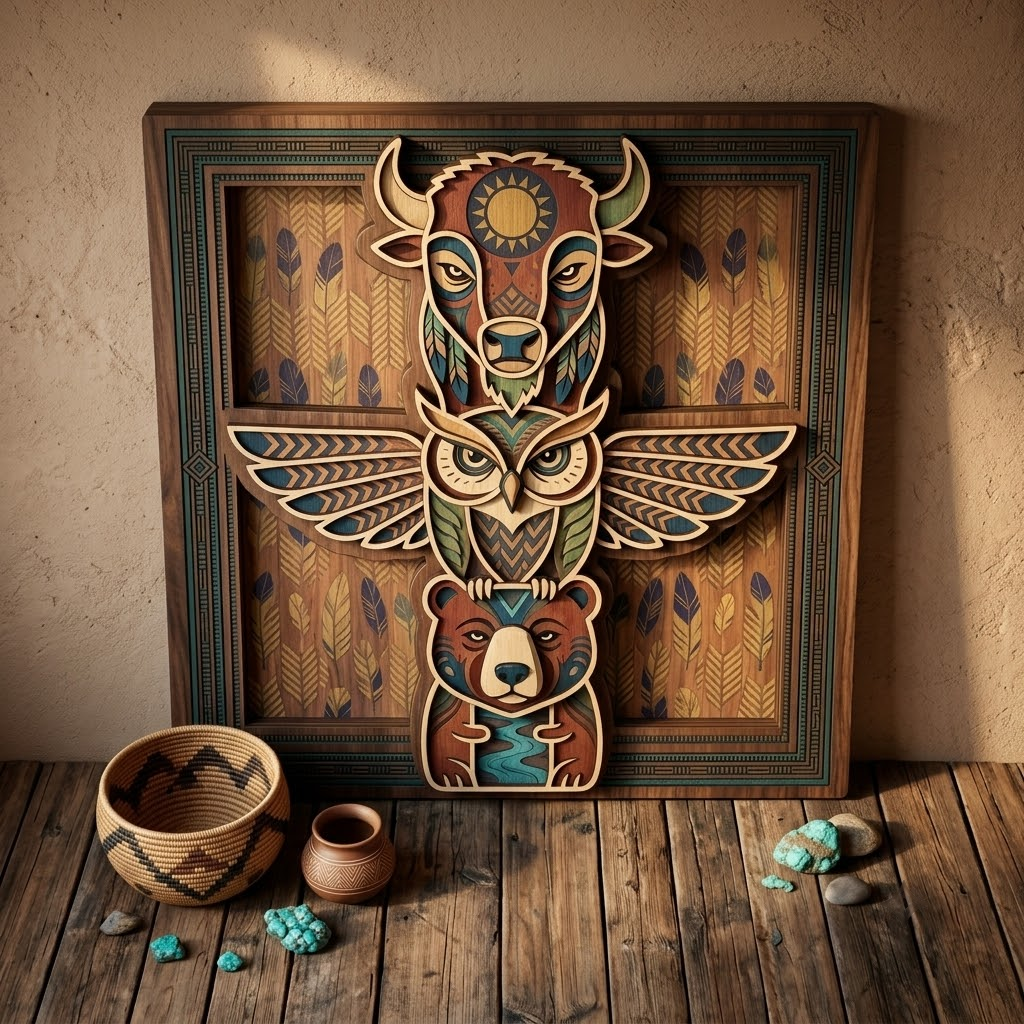 Tribal Totem Pole 3 Layer Wooden Sign, Buffalo Owl Bear Wall Art, Layered Wood Decor, Not 3D Printed, Southwestern Wildlife Sign, Native Style Decor, Gift