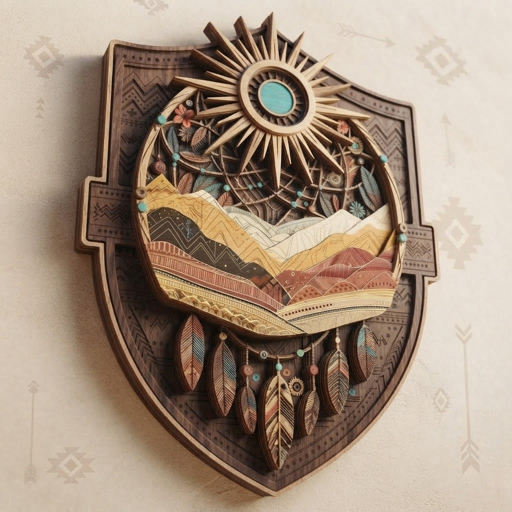 Southwestern Sun Mountain 3 Layer Wooden Sign, Dreamcatcher Wall Art, Layered Wood Decor, Not 3D Printed, Boho Desert Sign, Native Style Home Decor, Gift