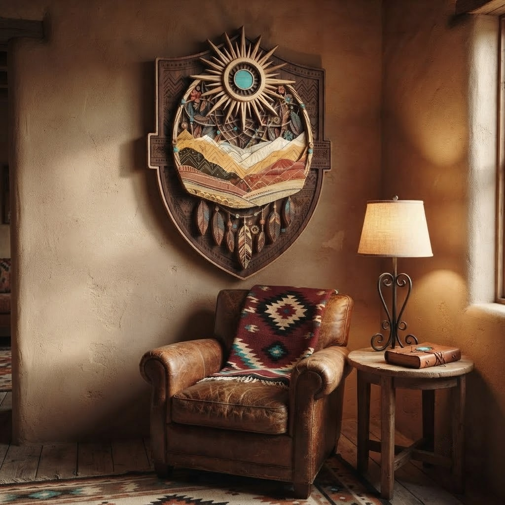 Southwestern Sun Mountain 3 Layer Wooden Sign, Dreamcatcher Wall Art, Layered Wood Decor, Not 3D Printed, Boho Desert Sign, Native Style Home Decor, Gift