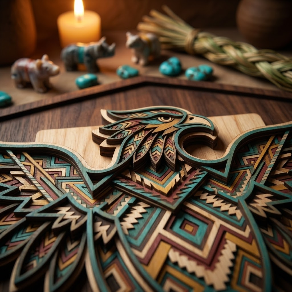 Southwestern Tribal Eagle 3 Layer Wooden Sign, Native Style Wall Art, Layered Wood Decor, Not 3D Printed, Boho Shield Sign, Rustic Wildlife Decor, Gift