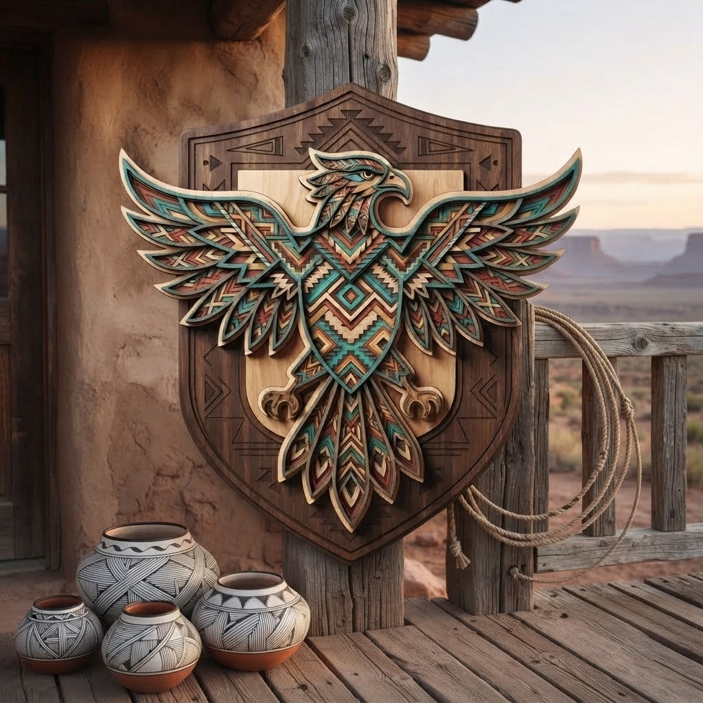 Southwestern Tribal Eagle 3 Layer Wooden Sign, Native Style Wall Art, Layered Wood Decor, Not 3D Printed, Boho Shield Sign, Rustic Wildlife Decor, Gift