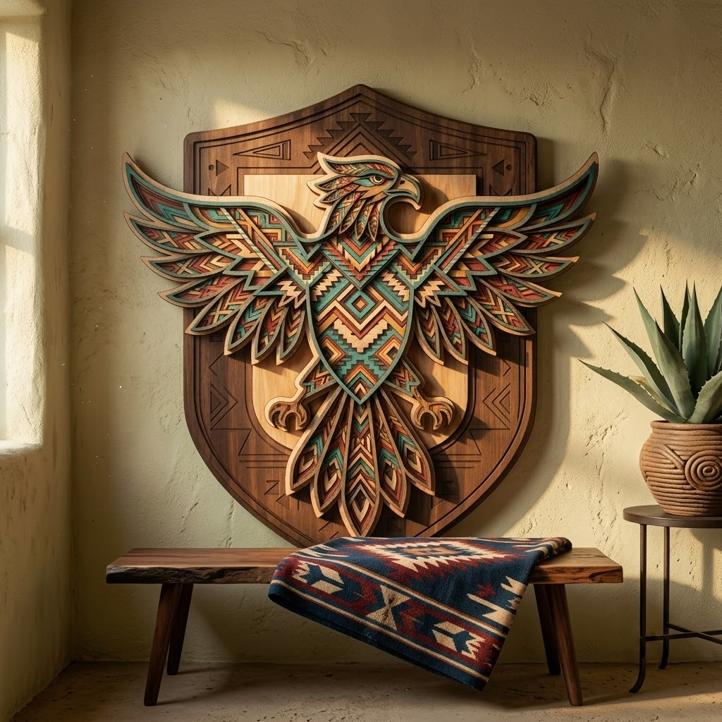 Southwestern Tribal Eagle 3 Layer Wooden Sign, Native Style Wall Art, Layered Wood Decor, Not 3D Printed, Boho Shield Sign, Rustic Wildlife Decor, Gift