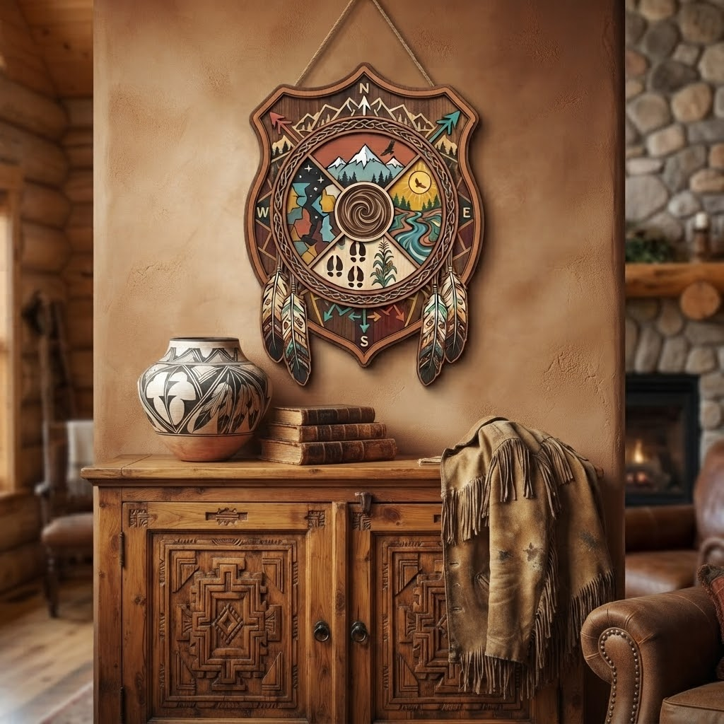 Tribal Compass 3 Layer Wooden Sign, Native American Shield Wall Art, Layered Wood Decor, Not 3D Printed, Southwestern Aztec Home Decor, Boho Desert Sign, Gift
