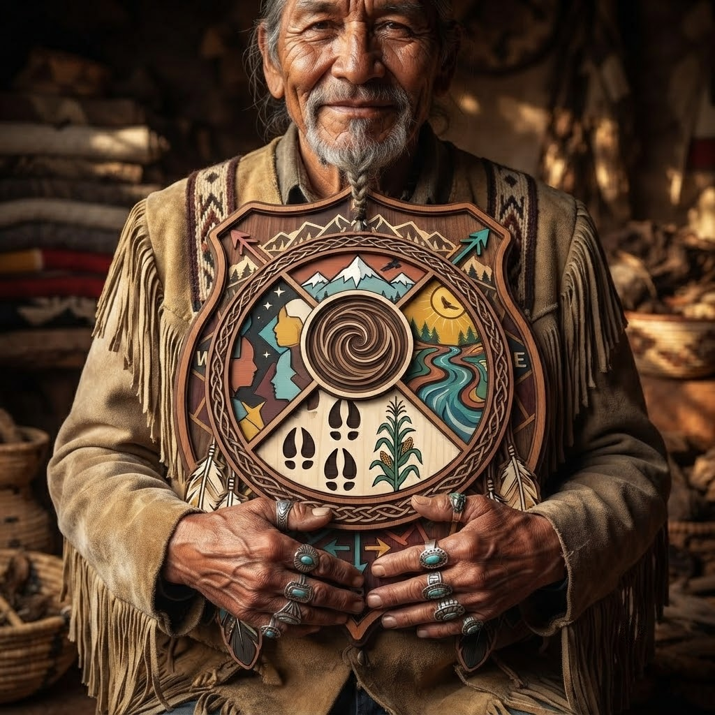 Tribal Compass 3 Layer Wooden Sign, Native American Shield Wall Art, Layered Wood Decor, Not 3D Printed, Southwestern Aztec Home Decor, Boho Desert Sign, Gift