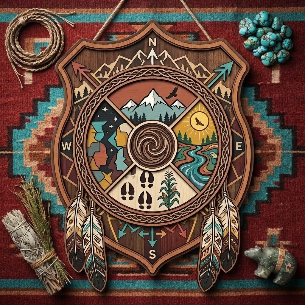 Tribal Compass 3 Layer Wooden Sign, Native American Shield Wall Art, Layered Wood Decor, Not 3D Printed, Southwestern Aztec Home Decor, Boho Desert Sign, Gift