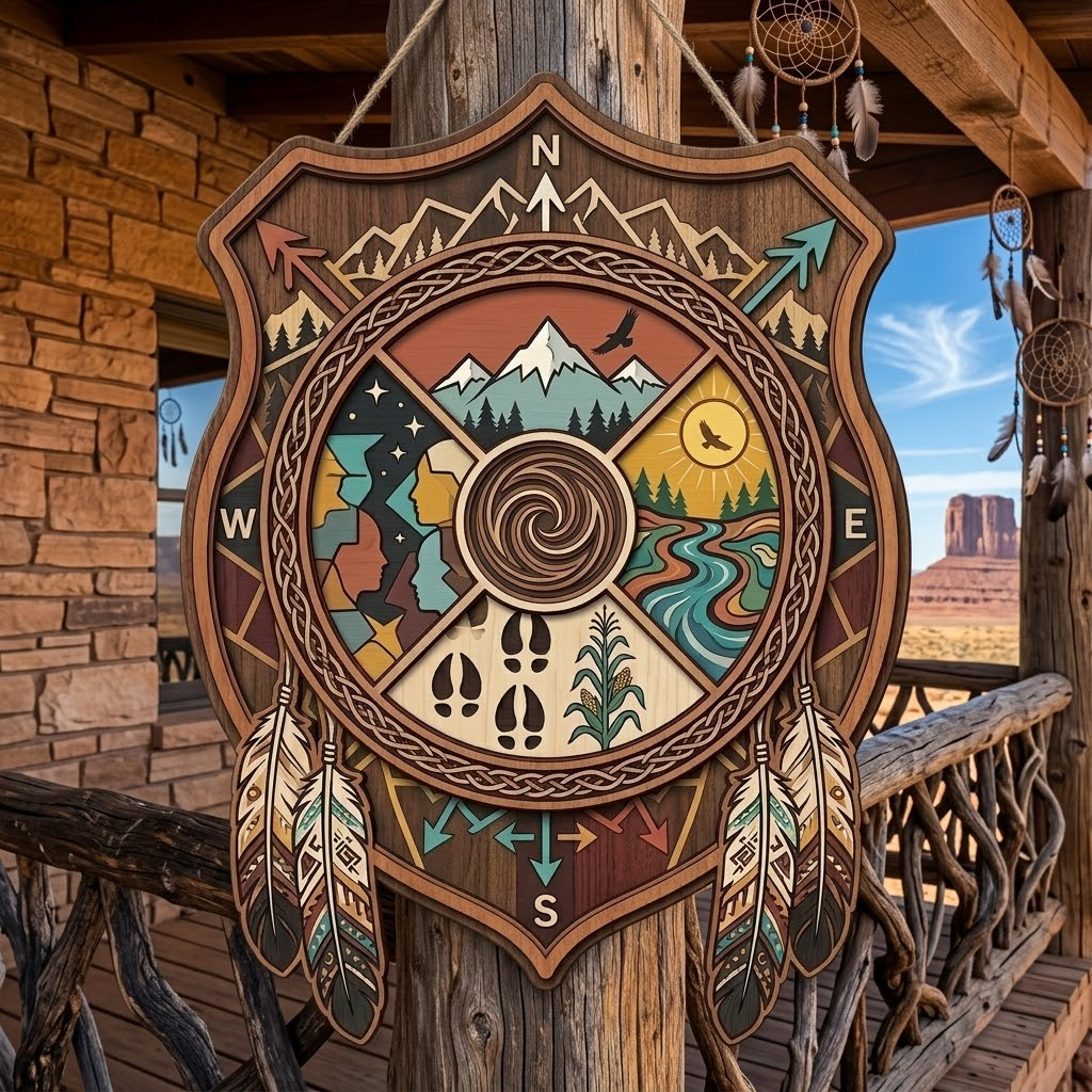 Tribal Compass 3 Layer Wooden Sign, Native American Shield Wall Art, Layered Wood Decor, Not 3D Printed, Southwestern Aztec Home Decor, Boho Desert Sign, Gift